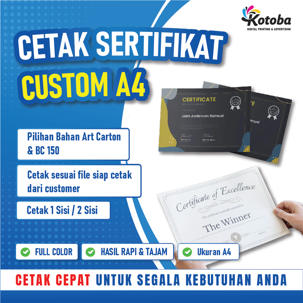 Cetak Sertifikat Custom A4 150 gsm Full Color 2 Sisi | Piagam Penghargaan Seminar Pelatihan | Art Paper / Art Carton
