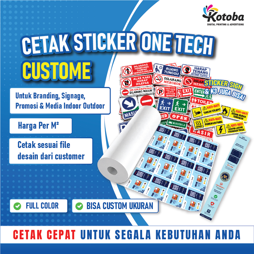 Cetak Stiker One Tech Meteran Custom Laminasi Glossy | Full Color Outdoor | Untuk Branding & Promosi