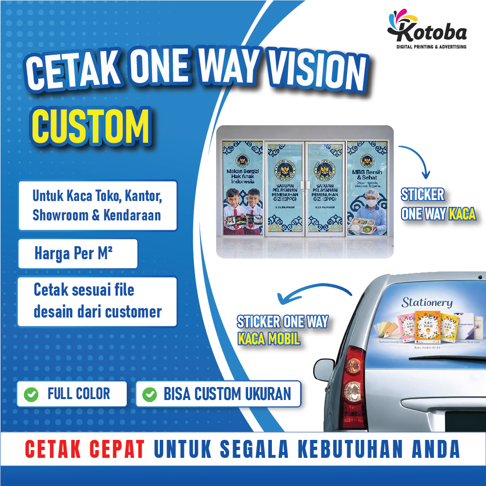 Cetak One Way Vision Meteran Custom ukuran 1m2 Print Saja| Stiker Kaca Outdoor Full Color | Per Meter