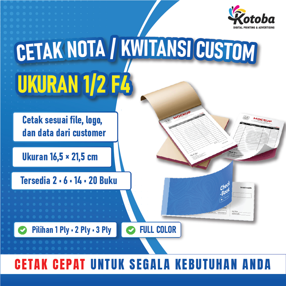 Cetak Nota, Kwitansi Custom, Nota Usaha, NCR, 1/2 F4, 14 Buku, 1 Ply, Logo, Nama Toko.