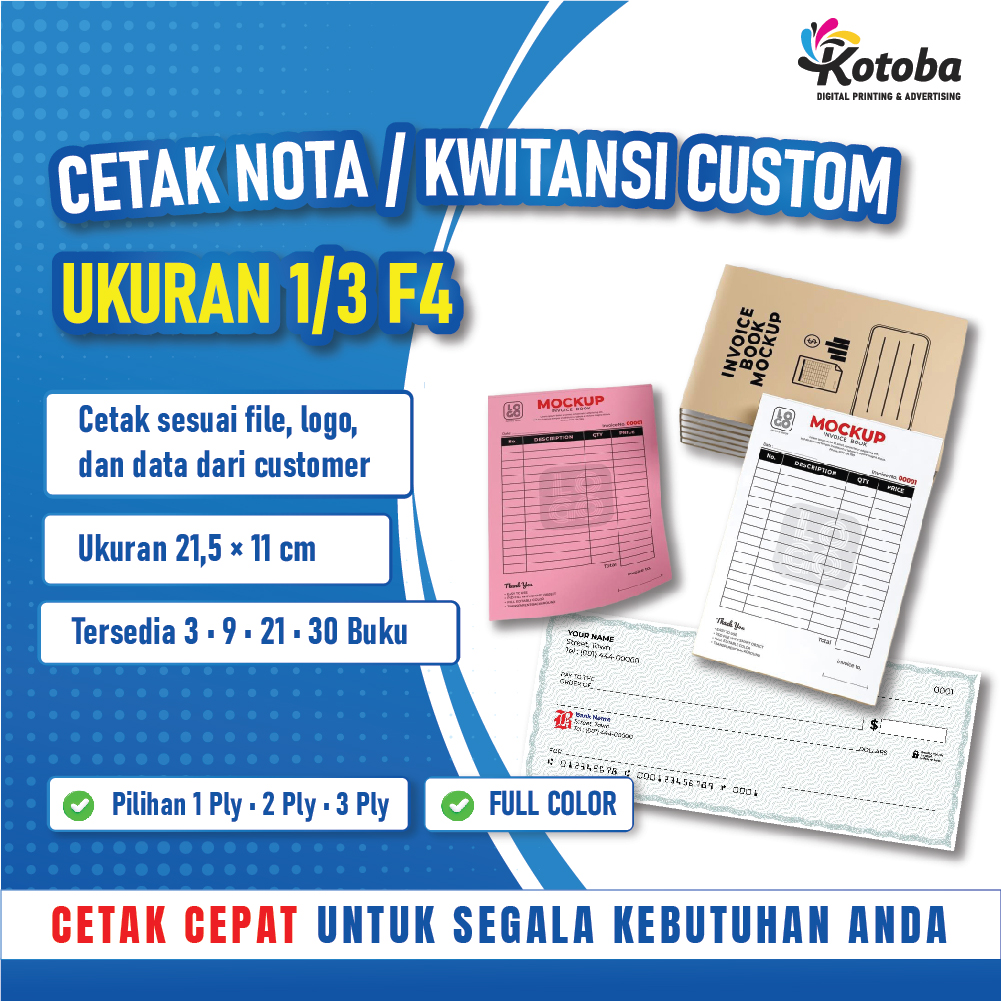 Cetak Nota, Kwitansi Custom, Nota Usaha, NCR, 1/3 F4, 9 Buku, 2 Ply, Logo, Nama Toko.