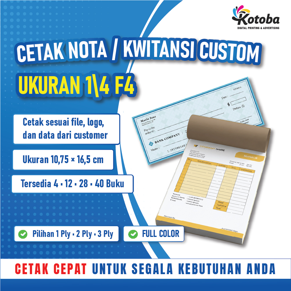 Cetak Nota, Kwitansi Custom, Nota Usaha, NCR, 1/4 F4, 12 Buku, 2 Ply, Logo, Nama Toko.
