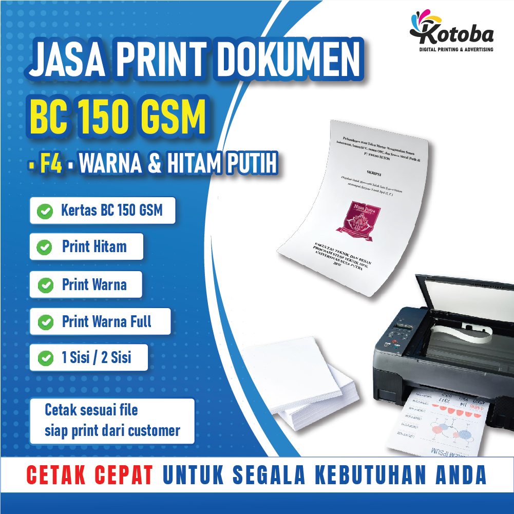 Jasa Print Online Dokumen PDF 150 gsm Warna 2 Sisi | Cetak Warna & Hitam Putih | A4 F4 BC | Print Tugas Skripsi Makalah File Online